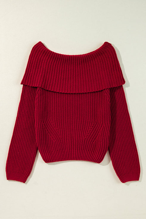 Chunky Ribbed Knit Off Shoulder Foldover Sweater
