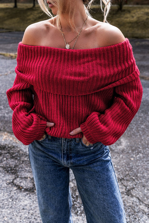 Chunky Ribbed Knit Off Shoulder Foldover Sweater