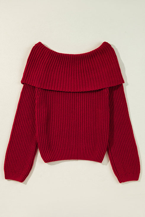 Chunky Ribbed Knit Off Shoulder Foldover Sweater