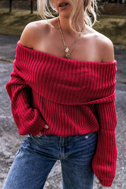 Chunky Ribbed Knit Off Shoulder Foldover Sweater
