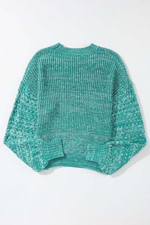 Chunky Textured Knit Balloon Sleeve Crew Neck Sweater