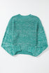 Chunky Textured Knit Balloon Sleeve Crew Neck Sweater