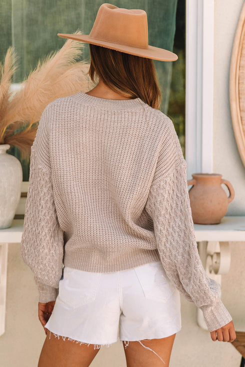 Chunky Textured Knit Balloon Sleeve Crew Neck Sweater