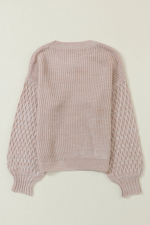 Chunky Textured Knit Balloon Sleeve Crew Neck Sweater