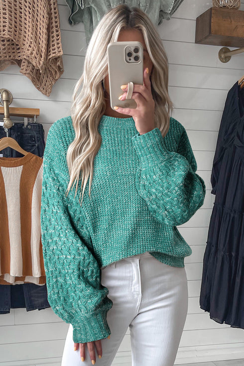 Chunky Textured Knit Balloon Sleeve Crew Neck Sweater