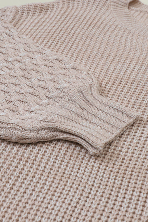 Chunky Textured Knit Balloon Sleeve Crew Neck Sweater