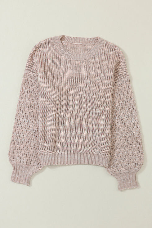 Chunky Textured Knit Balloon Sleeve Crew Neck Sweater