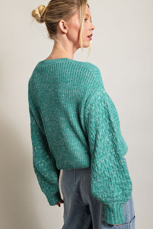 Chunky Textured Knit Balloon Sleeve Crew Neck Sweater