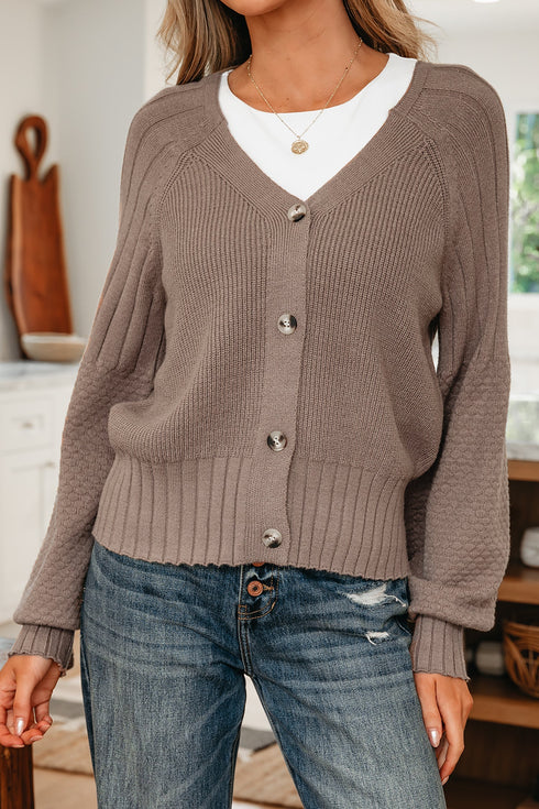 Chunky Textured Sleeve Button Front V Neck Knit Cardigan