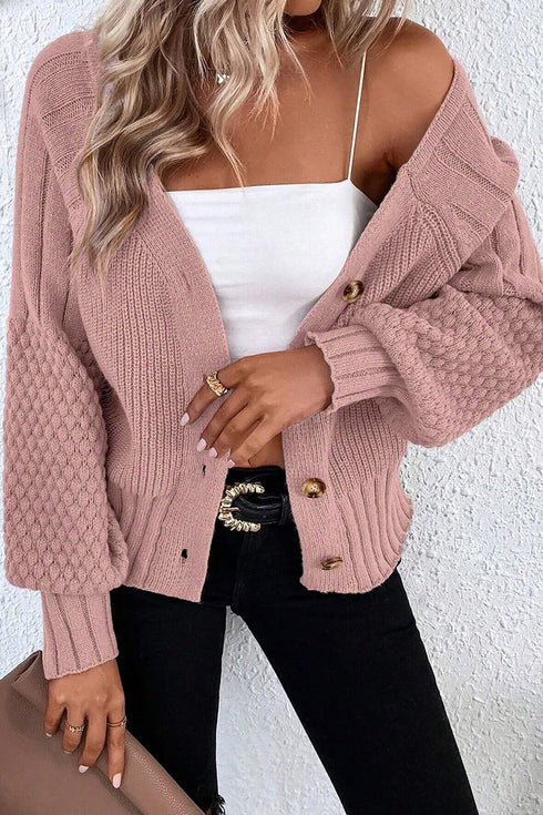 Chunky Textured Sleeve Button Front V Neck Knit Cardigan