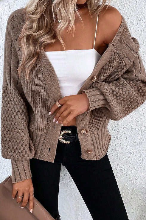 Chunky Textured Sleeve Button Front V Neck Knit Cardigan