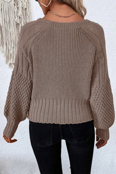 Chunky Textured Sleeve Button Front V Neck Knit Cardigan