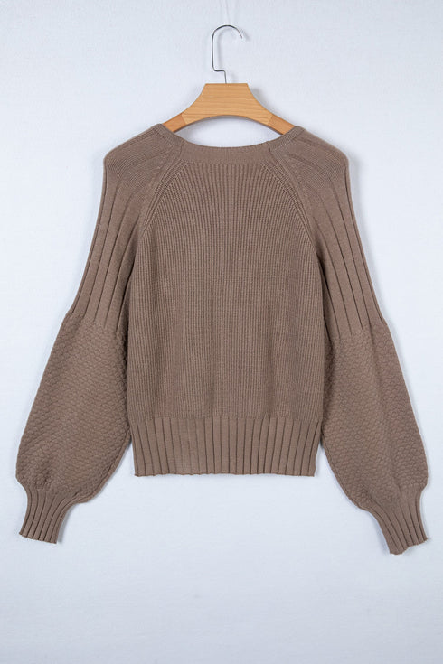Chunky Textured Sleeve Button Front V Neck Knit Cardigan
