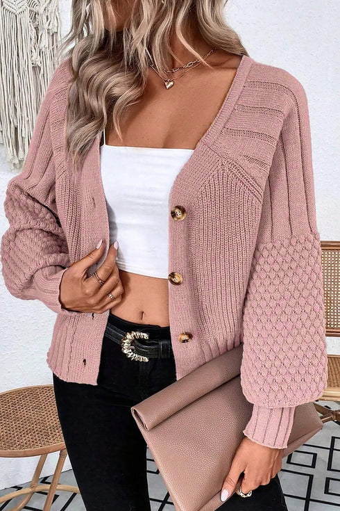 Chunky Textured Sleeve Button Front V Neck Knit Cardigan