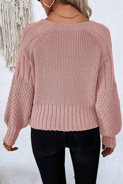Chunky Textured Sleeve Button Front V Neck Knit Cardigan