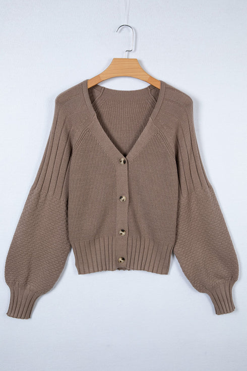 Chunky Textured Sleeve Button Front V Neck Knit Cardigan