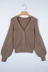Chunky Textured Sleeve Button Front V Neck Knit Cardigan
