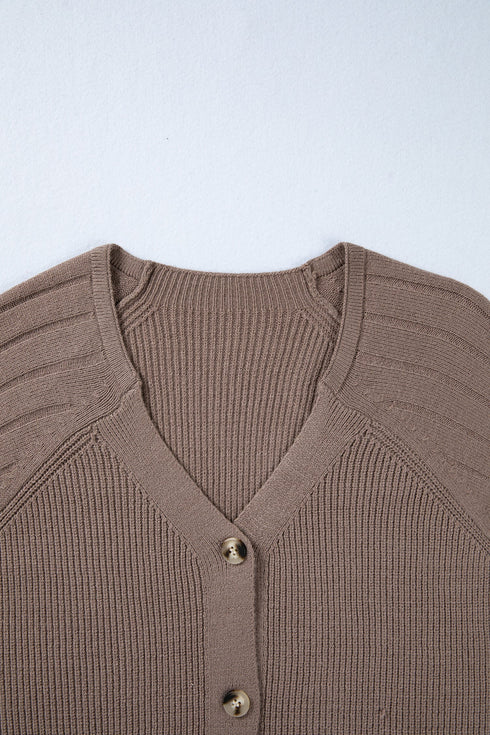 Chunky Textured Sleeve Button Front V Neck Knit Cardigan