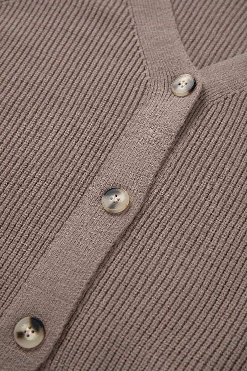 Chunky Textured Sleeve Button Front V Neck Knit Cardigan