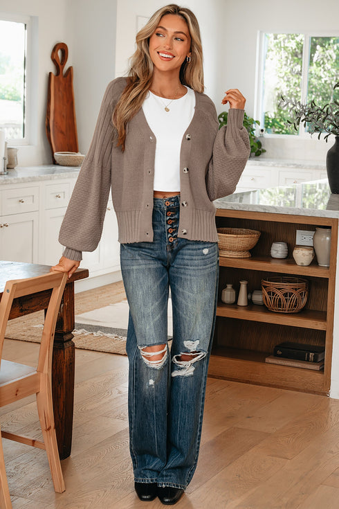 Chunky Textured Sleeve Button Front V Neck Knit Cardigan