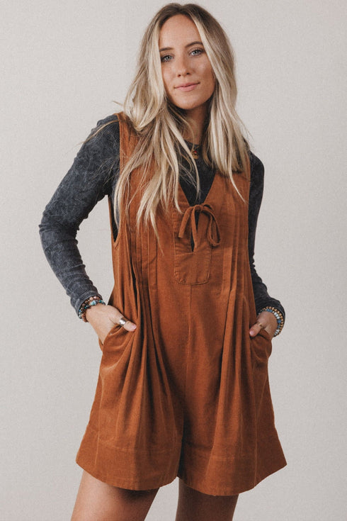 Cinnamon Solid Tie V Neck Sleeveless Corduroy Romper