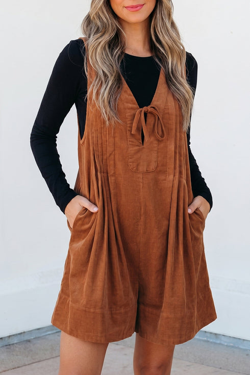 Cinnamon Solid Tie V Neck Sleeveless Corduroy Romper