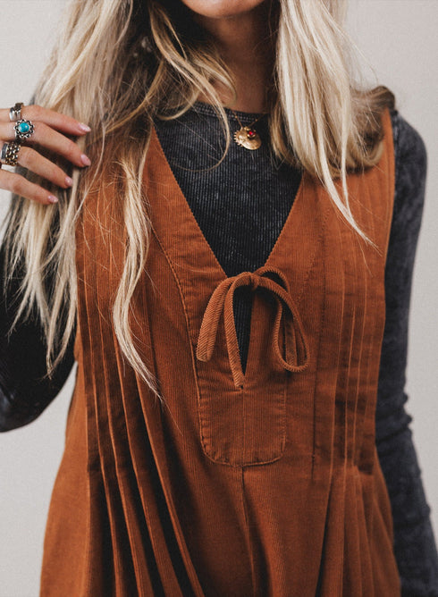 Cinnamon Solid Tie V Neck Sleeveless Corduroy Romper