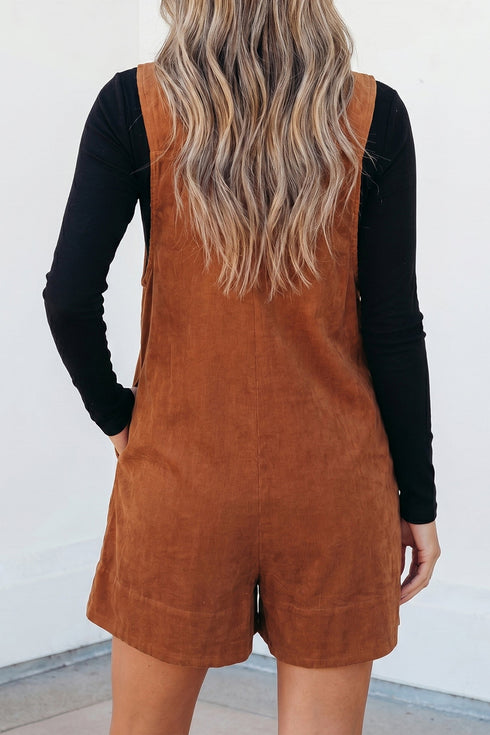 Cinnamon Solid Tie V Neck Sleeveless Corduroy Romper