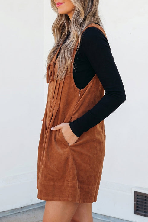Cinnamon Solid Tie V Neck Sleeveless Corduroy Romper