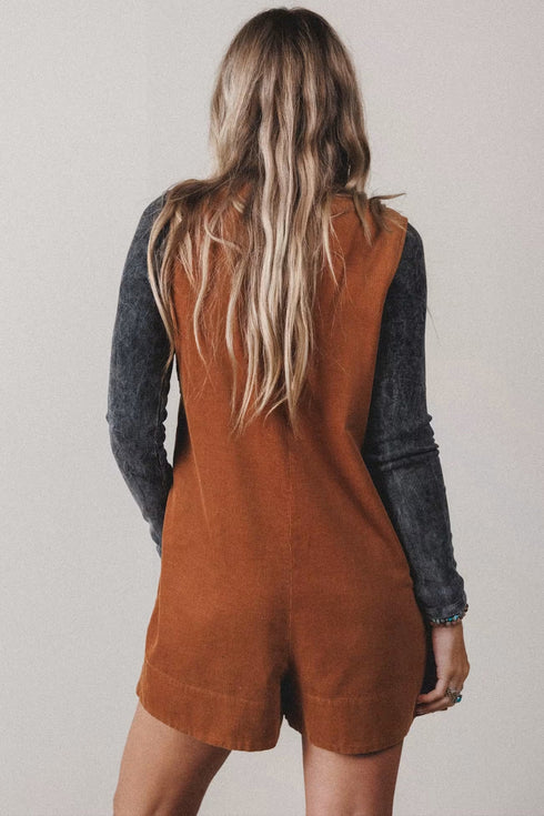 Cinnamon Solid Tie V Neck Sleeveless Corduroy Romper