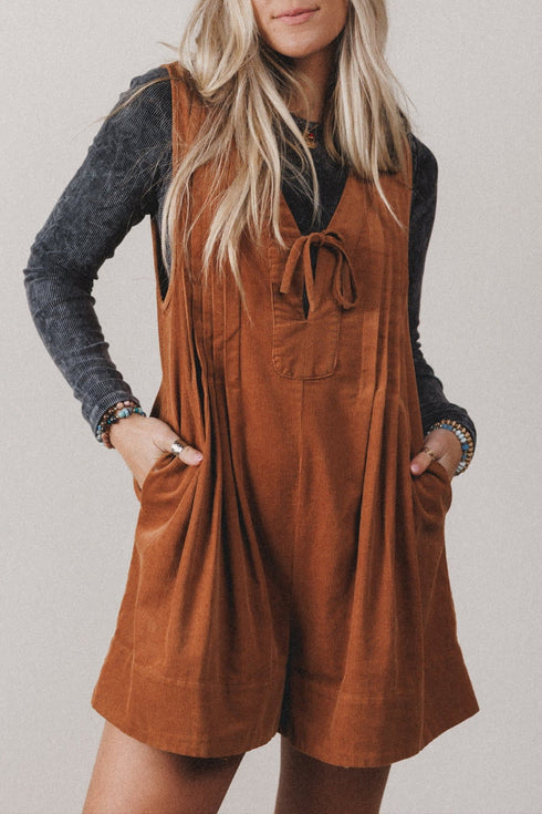Cinnamon Solid Tie V Neck Sleeveless Corduroy Romper