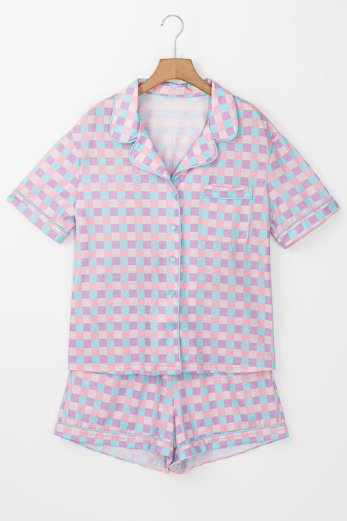 Classic Checkered Print Short Sleeve Knit Sleepwear Pajama Set