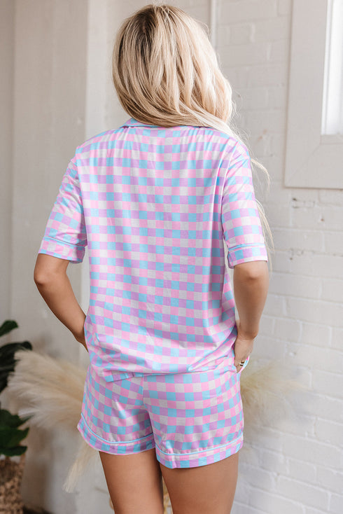 Classic Checkered Print Short Sleeve Knit Sleepwear Pajama Set