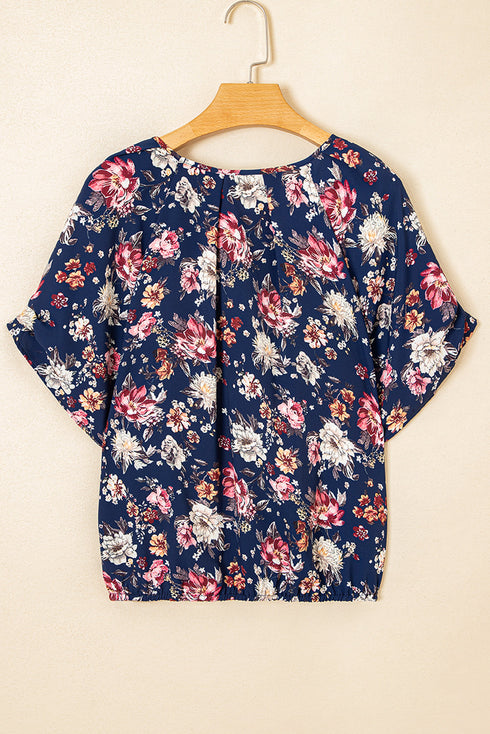 Classic Floral Print Gathered Scoop Neck Short Sleeve Top
