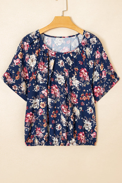 Classic Floral Print Gathered Scoop Neck Short Sleeve Top