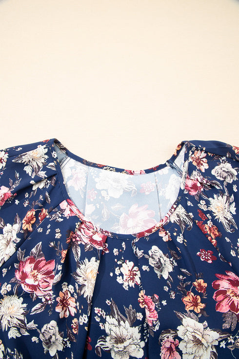 Classic Floral Print Gathered Scoop Neck Short Sleeve Top