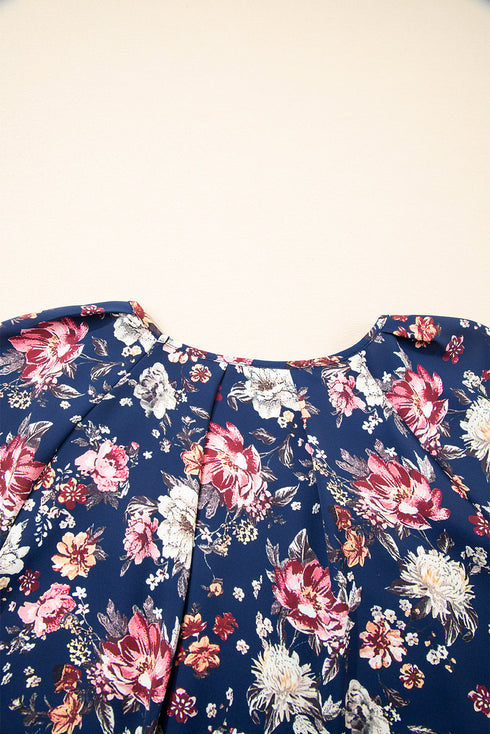 Classic Floral Print Gathered Scoop Neck Short Sleeve Top