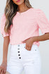 Classic Geometric Eyelet Short Puff Sleeve Button Cuff Blouse
