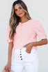 Classic Geometric Eyelet Short Puff Sleeve Button Cuff Blouse