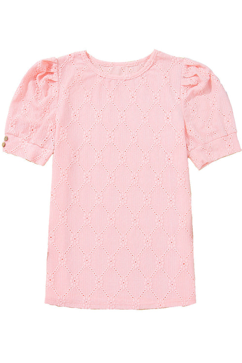 Classic Geometric Eyelet Short Puff Sleeve Button Cuff Blouse