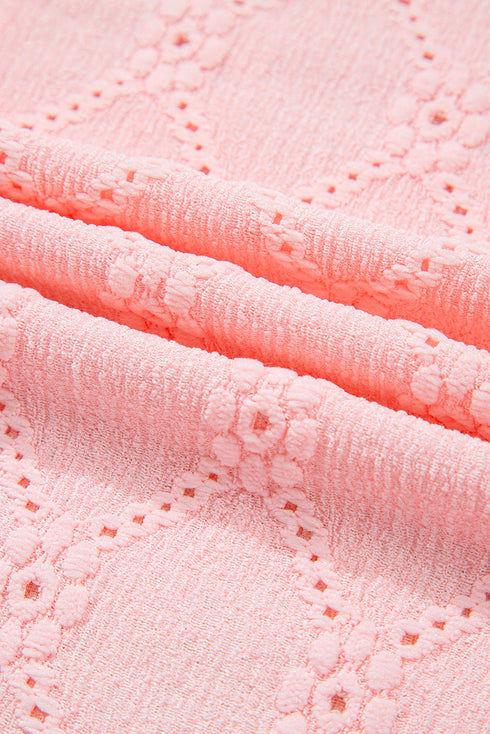 Classic Geometric Eyelet Short Puff Sleeve Button Cuff Blouse