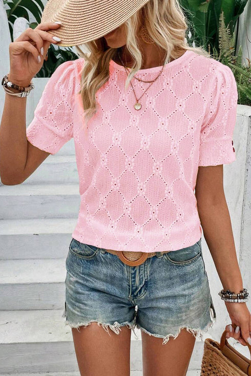 Classic Geometric Eyelet Short Puff Sleeve Button Cuff Blouse