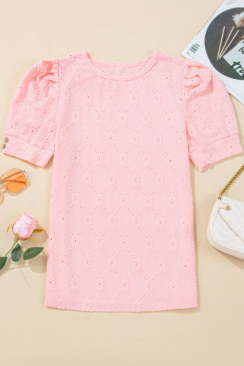 Classic Geometric Eyelet Short Puff Sleeve Button Cuff Blouse