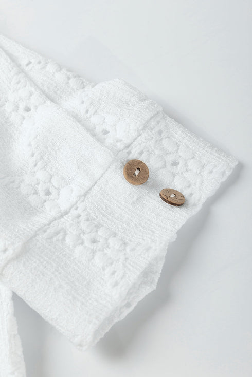 Classic Geometric Eyelet Short Puff Sleeve Button Cuff Blouse