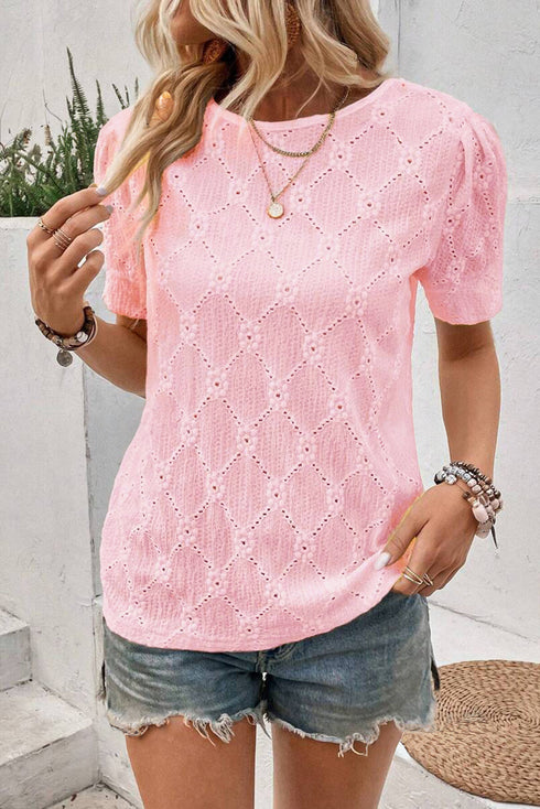 Classic Geometric Eyelet Short Puff Sleeve Button Cuff Blouse