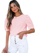 Classic Geometric Eyelet Short Puff Sleeve Button Cuff Blouse