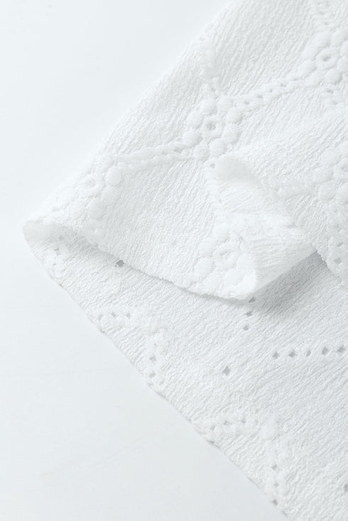 Classic Geometric Eyelet Short Puff Sleeve Button Cuff Blouse
