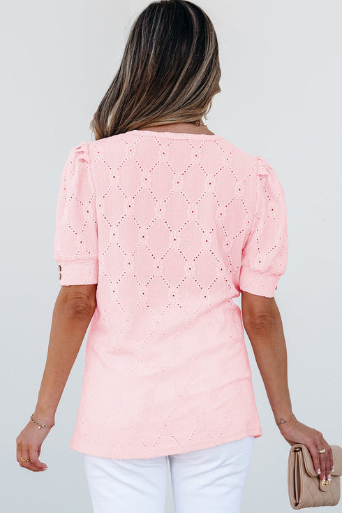 Classic Geometric Eyelet Short Puff Sleeve Button Cuff Blouse