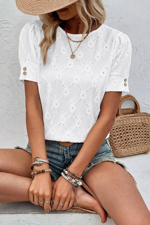 Classic Geometric Eyelet Short Puff Sleeve Button Cuff Blouse