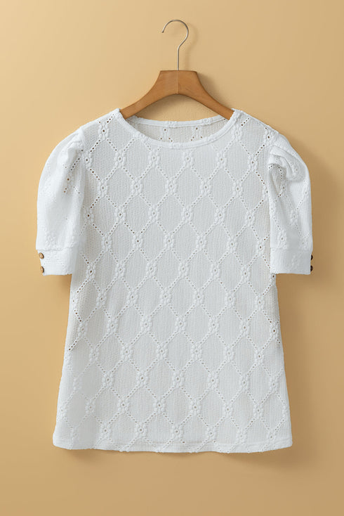 Classic Geometric Eyelet Short Puff Sleeve Button Cuff Blouse